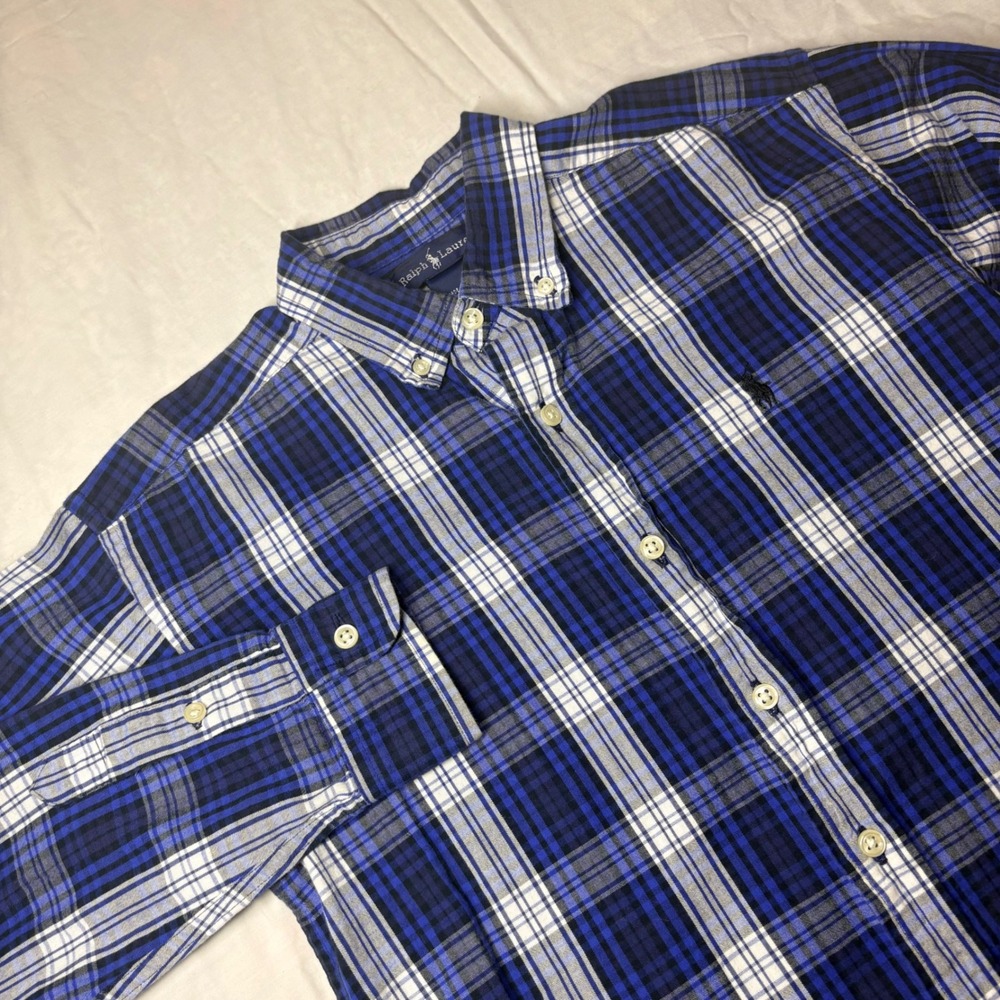 Ralph Lauren Boys Blue White Plaid Button Down Shirt Size M 12-14 Long Sleeve
